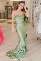 Sweetheart Sage Green Mermaid Satin Prom Dress with Leg Slit