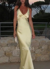 Sheath V Neck Sexy Yellow Satin formal dresses Bridesmaid Dresses evening gown Prom Dress