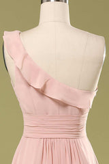 Blush Chiffon One-Shoulder Ruffled Bridesmaid Dress