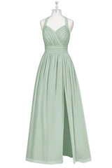 Sage Green Chiffon Halter Backless A-Line Bruidsmeisje Jurk