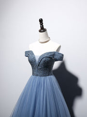 Unique blue tulle beads long prom dress, blue tulle evening dress