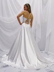 Simple white v neck A line long prom dress, white satin long evening dress