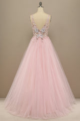 Gorgeous Deep V Neck Grey/Pink Prom Dress with Appliques