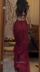 Sheath Ruffle Lace Up Back Burgundy formal dresses Bridesmaid Dresses evening gown Prom Dress