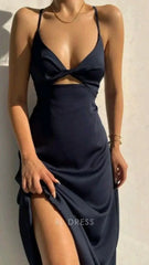 Sheath Simple V Neck Straps Sleeveless Satin Navy Blue formal dresses Bridesmaid Dresses evening gown Prom Dress