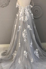 Appliques Tulle Long Gray Lace Off The Shoulder Prom Dress