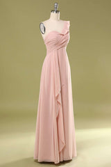 Blush Chiffon One-Shoulder Ruffled Bridesmaid Dress