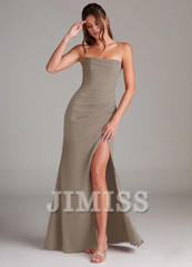 Strapless off shoulder side slit backless and floor length bridesmaid dress - Jimiss Dress