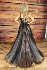 A-line Lace Applique Spaghetti Straps Black Wedding Dress
