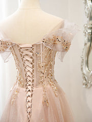 Champagne tulle lace off shoulder long prom dress, champagne evening dress