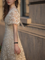 Cute beige lace short prom dress, beige lace bridesmaid dress