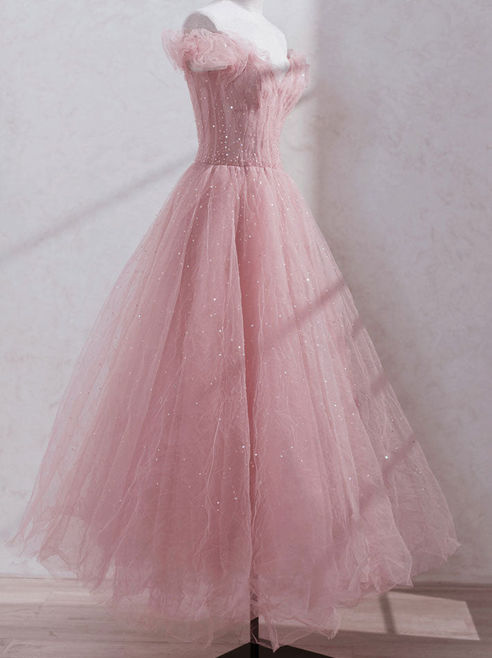 Pink off shoulder tulle tea length prom dress, pink tulle evening dress