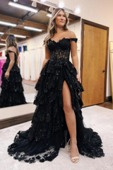 Sequins Sweetheart A-Line Tiered Long Prom Dress with Slit