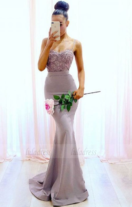 Mermaid Spaghetti Straps Sweep Train Bridesmaid Dress with Lace, long bridesmaid dresses