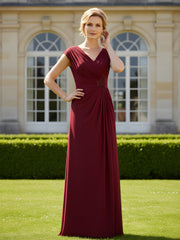 Beaded V-neck Pleated Chiffon A-Line Sequins Dress Burgundy