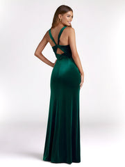 Sheath Square Neck Velvet Pleated Dresses With Slit Dark Green