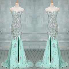 Fully Crystal Beading Sweetheart Chiffon Evening Dresses With Leg Slit