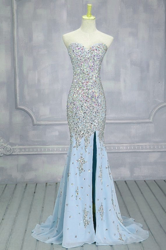 Fully Crystal Beading Sweetheart Chiffon Evening Dresses With Leg Slit