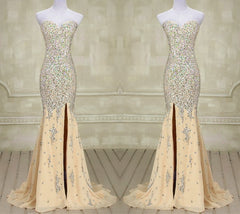 Fully Crystal Beading Sweetheart Chiffon Evening Dresses With Leg Slit
