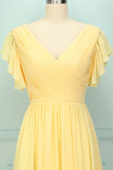 Yellow V-neck Long Bridesmaid Dress