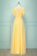 Yellow V-neck Long Bridesmaid Dress