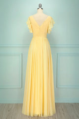 Yellow V-neck Long Bridesmaid Dress