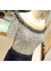 Fleece & Lace Scoop Short Sleeve Mermaid Evening Dress