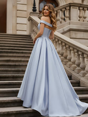 Off-Shoulder Ruched A-Line Satin Gown Mist