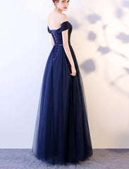 Charming Navy Blue Tulle A-line Prom Dress , Off Shoulder Bridesmaid Dress
