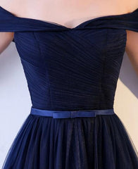 Charming Navy Blue Tulle A-line Prom Dress , Off Shoulder Bridesmaid Dress