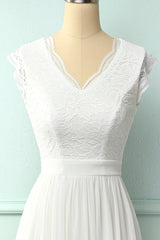 V-neck White Long Bridesmaid Dress
