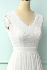 V-neck White Long Bridesmaid Dress