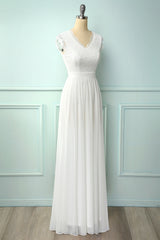 V-neck White Long Bridesmaid Dress