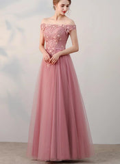 Pink Off Shoulder Tulle Long Party Dress, Pink Bridesmaid Dress