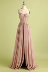 Pink Split Front Spaghetti Straps Prom Dress