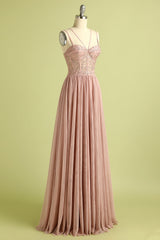 Pink Split Front Spaghetti Straps Prom Dress
