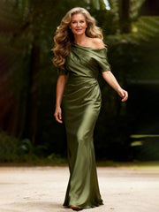 Pleated One Shoulder Sheath Dress With Back Slit Olive Green