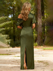 Pleated One Shoulder Sheath Dress With Back Slit Olive Green