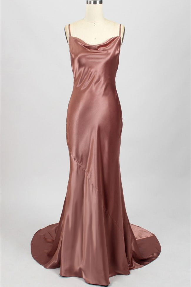 Sexy roze zeemeermin cowl nek lange bruidsmeisje jurk