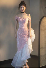 Chic Pink High Low Mermaid Off Shoulder Prom Dress, Pink Homecoming Dress