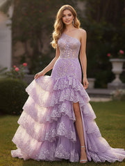 One Shoulder Lace Sequins Tiered Dress With Slit Lilac