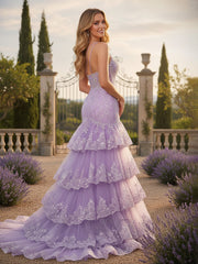 One Shoulder Lace Sequins Tiered Dress With Slit Lilac