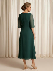 A-Line Bateau Neck Ruffle Chiffon Tea-length Dress Dark Green