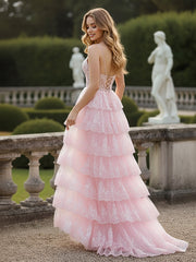 A-Line Lace Sequins V-neck Tiered Dress With Slit Blushing Pink