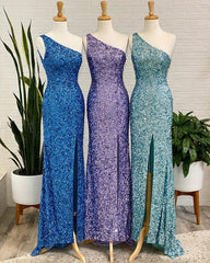One Shoulder Sparkly Long Prom Dresses with Slit,Formal Dresses,Charming Dance Dress