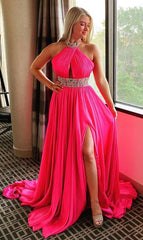 High Neck Long Prom Dress with Beading,Prom Dresses,Pageant Dress