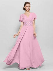 A-Line Mother of the Bride Dress Beautiful Back V Neck Floor Length Chiffon Short Sleeve No with Criss Cross Beading
