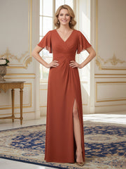 Pleated V-neck Flutter Sleeves Chiffon Long Dress Rust