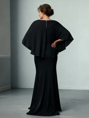 Bateau Neck Sheath Floor-length Dress With Cape Black