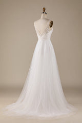 Ivory A Line V-Neck Tulle Sweep Train Wedding Dress with Lace Open Back